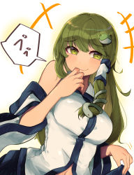 Rule 34 | +++, 1girl, absurdres, blue skirt, blush, breasts, closed mouth, clothes lift, collared shirt, commentary, detached sleeves, finger to mouth, frog hair ornament, green eyes, green hair, hair ornament, hair tubes, hand on own face, hand up, highres, kochiya sanae, kurowa (curowa), large breasts, long hair, looking away, midriff peek, navel, outline, shirt, sideways glance, simple background, skirt, skirt lift, sleeveless, sleeveless shirt, smile, smug, snake hair ornament, solo, speech bubble, touhou, upper body, wavy mouth, white background, white shirt, wide sleeves, wing collar