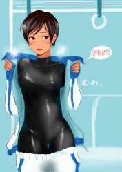 Rule 34 | 1girl, 2equal8, bad id, bad pixiv id, black hair, bodysuit, bodysuit under clothes, breasts, brown eyes, highres, jacket, japanese text, latex, original, pants, short hair, solo, steam, sweat, track jacket, track pants, translated, undressing