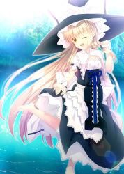 Rule 34 | 1girl, ;d, absurdres, akane hazuki, apron, barefoot, black dress, blonde hair, bow, braid, capelet, dress, hat, hat bow, head tilt, highres, kirisame marisa, long hair, looking at viewer, one eye closed, open mouth, puffy short sleeves, puffy sleeves, round teeth, shirt, short sleeves, single braid, smile, solo, standing, standing on one leg, teeth, touhou, very long hair, waist apron, witch hat, wrist cuffs, yellow eyes