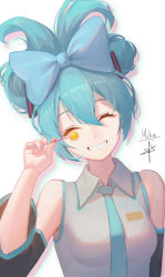 Rule 34 | 1girl, ^ ^, bare shoulders, black sleeves, blue bow, blue hair, blue necktie, bow, breasts, candy, cinnamiku, closed eyes, collared shirt, commentary request, detached sleeves, facing viewer, food, grey shirt, grin, hair between eyes, hair bow, hand up, hatsune miku, highres, holding, holding candy, holding food, holding lollipop, lollipop, long sleeves, necktie, sanrio, shengkai167, shirt, signature, simple background, sleeveless, sleeveless shirt, small breasts, smile, solo, updo, vocaloid, white background, wide sleeves