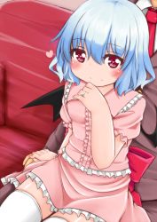 Rule 34 | 1boy, 1girl, bad id, bad pixiv id, bat wings, blue eyes, blush, dress, glint, heart, hetero, holding hands, jewelry, necktie, nyt (nagane), pink dress, pink eyes, puffy short sleeves, puffy sleeves, remilia scarlet, ring, short sleeves, sitting, sitting on lap, sitting on person, smile, thighhighs, touhou, wedding band, white thighhighs, wings, zettai ryouiki