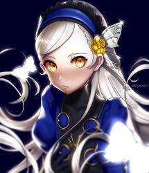 Rule 34 | 10s, 1girl, blonde hair, blue dress, blue hairband, blush, bug, butterfly, butterfly hair ornament, closed mouth, dress, facing viewer, gloves, glowing, hair ornament, hairband, hand up, headband, insect, lavenza (persona 5), long hair, looking at viewer, nyeeshii, persona, persona 5, platinum blonde hair, solo, spoilers, upper body, very long hair, yellow eyes
