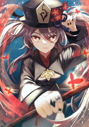 Rule 34 | 1girl, absurdres, arm up, black coat, black headwear, black nails, blurry, brown hair, coat, commentary request, depth of field, flower, flower-shaped pupils, genshin impact, hair between eyes, hat, hat flower, highres, holding, holding weapon, hu tao (genshin impact), long hair, long sleeves, looking at viewer, plum blossoms, porkpie hat, red eyes, solo, symbol-shaped pupils, tsuchinoko (vjde8458), twintails, upper body, weapon