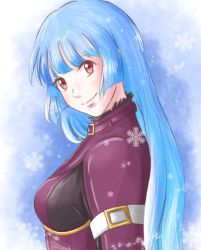 Rule 34 | 1girl, belt, blue hair, bodysuit, breasts, kula diamond, long hair, looking at viewer, purple eyes, simple background, small breasts, smile, snowflakes, snowing, solo, the king of fighters, upper body, zdenka 02