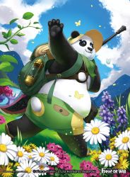 Rule 34 | 1boy, bag, blue eyes, bug, butterfly, copyright name, day, flower, force of will, fukuzou, furry, furry male, grass, hat, bug, lamp, leaf, male focus, official art, panda, panda tail, sandals, sky, solo, sun, tail