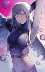Rule 34 | 1girl, absurdres, ak-12 (girls&#039; frontline), artificial eye, breasts, girls&#039; frontline, grin, highres, large breasts, long hair, mechanical eye, midriff, navel, one eye closed, purple eyes, saiun sigma, skin tight, smile, tactical clothes