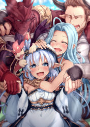 Rule 34 | 10s, 2boys, 2girls, :d, ^ ^, ahoge, armor, blush, bracelet, bridal gauntlets, character request, cowboy shot, dragon, draph, dress, closed eyes, granblue fantasy, hair intakes, hair ornament, hairband, holding hands, hand on another&#039;s head, jewelry, lily (granblue fantasy), long hair, long sleeves, looking at another, looking at viewer, lyria (granblue fantasy), multiple boys, multiple girls, opanchu (pixiv259683), open mouth, pointy ears, sidelocks, smile, tears, vyrn (granblue fantasy), wide sleeves