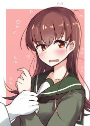 Rule 34 | 1girl, 1other, black neckerchief, border, brown eyes, brown hair, commentary request, flying sweatdrops, green sailor collar, green serafuku, highres, kantai collection, long hair, looking at viewer, neckerchief, one-hour drawing challenge, ooi (kancolle), pink background, sailor collar, school uniform, serafuku, soramuko, two-tone background, upper body, white border