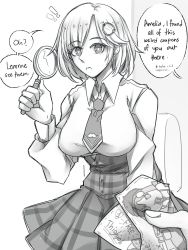 Rule 34 | !, !!, 1boy, 1girl, breasts, collared shirt, commentary, coupon, english commentary, english text, engrish text, greyscale, hair ornament, highres, holding, holding magnifying glass, hololive, hololive english, ieka, large breasts, long sleeves, looking at viewer, magnifying glass, monochrome, necktie, plaid, plaid skirt, pov, ranguage, shirt, short hair, skirt, speech bubble, virtual youtuber, watson amelia, watson amelia (1st costume)