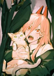 Rule 34 | 1girl, absurdres, animal, argentum 1121, blouse, cat, chainsaw man, clothes hanger, collared shirt, cross-shaped pupils, crosshair pupils, demon girl, fangs, green eyes, hair between eyes, highres, holding, holding animal, holding cat, horns, jacket, meowy (chainsaw man), open mouth, power (chainsaw man), red horns, shirt, sleeves past wrists, solo, suit jacket, sweatdrop, symbol-shaped pupils, teeth, tongue, twitter username, white shirt