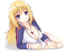 Rule 34 | 10s, 1girl, blonde hair, blush, breasts, charlotte dunois, cleavage, female focus, foreshortening, full body, gradient background, infinite stratos, jewelry, kirimoti34, large breasts, long hair, lying, on side, pendant, purple eyes, smile, solo, white background