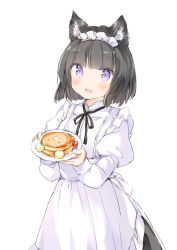 Rule 34 | 1girl, :d, animal ear fluff, animal ears, apron, bad id, bad twitter id, black hair, black ribbon, black skirt, blush, cat ears, commentary request, fang, food, frilled apron, frills, hands up, holding, holding plate, juliet sleeves, komugi (wataame27), long sleeves, looking at viewer, neck ribbon, open mouth, original, pancake, pancake stack, plate, puffy sleeves, purple eyes, ribbon, shirt, simple background, skirt, smile, solo, waitress, wataame27, white apron, white background, white shirt