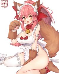 Rule 34 | 1girl, absurdres, animal ear fluff, animal ears, animal hands, apron, bare shoulders, bell, blush, bow, breasts, cat hair ornament, cat paws, cleavage, collar, fang, fate/extra, fate/grand order, fate (series), fox ears, fox girl, fox tail, gloves, hair between eyes, hair bow, hair ornament, highres, jingle bell, large breasts, long hair, looking at viewer, maid headdress, naked apron, neck bell, neko lu (wofud453), open mouth, paw gloves, paw shoes, pink hair, ponytail, red bow, shoes, sidelocks, simple background, single thighhigh, sitting, smile, solo, tail, tamamo (fate), tamamo cat (fate), tamamo cat (third ascension) (fate), thighhighs, thighs, wariza, white background, white thighhighs, yellow eyes