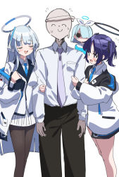 Rule 34 | 1boy, 3girls, doodle sensei (blue archive), arona (blue archive), black pantyhose, black suit, blue archive, blue hair, blue necktie, blush, closed eyes, collared shirt, feet out of frame, formal, hair between eyes, hair over one eye, hairband, halo, headphones, highres, id card, jacket, long hair, long sleeves, looking at another, mechanical halo, miniskirt, multiple girls, namaonpa, necktie, noa (blue archive), off shoulder, open clothes, open jacket, open mouth, pantyhose, parted bangs, pleated skirt, purple eyes, purple hair, sensei (blue archive), shirt, short hair, sidelocks, simple background, skirt, smile, standing, suit, sweat, two-sided fabric, two-sided jacket, two side up, white background, white hairband, white jacket, white shirt, yuuka (blue archive)