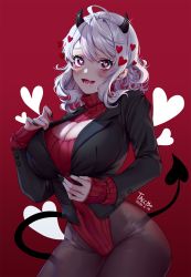 Rule 34 | 1girl, ahoge, bad id, bad pixiv id, black horns, black pantyhose, black tail, blush, breasts, cleavage, cleavage cutout, clothing cutout, commentary request, cowboy shot, demon girl, demon horns, demon tail, fangs, hair ornament, heart, heart-shaped pupils, helltaker, highleg, highleg leotard, highres, horns, large breasts, leotard, long hair, long sleeves, looking at viewer, modeus (helltaker), nail polish, open mouth, pantyhose, red background, red leotard, red sweater, ribbed leotard, silver hair, simple background, smile, solo, sweater, symbol-shaped pupils, tacco (tikeworld), tail, turtleneck, turtleneck sweater