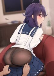 Rule 34 | 1girl, 1other, ahoge, ass, black pantyhose, blue skirt, blush, closed mouth, driftkingtw, hair flaps, highres, indoors, kantai collection, long hair, long sleeves, low twintails, panties, panties under pantyhose, pantyhose, pleated skirt, purple hair, red eyes, shirt, signature, skirt, solo focus, taigei (kancolle), twintails, underwear, white panties, white shirt