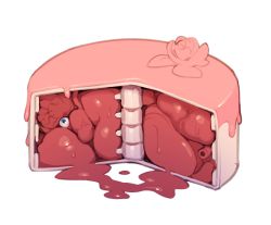 Rule 34 | absurdres, bad food, blood, cake, combos &amp; doodles, commentary, eyeball, flower, food, food focus, guro, highres, lungs, no humans, organs, original, simple background, tagme, what, white background