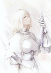 Rule 34 | 1girl, alternate color, armor, armored dress, blonde hair, blue eyes, braid, breasts, capelet, chain, commentary request, dress, fate/grand order, fate (series), gauntlets, hair between eyes, hand up, head tilt, highres, holding, holding sword, holding weapon, jeanne d&#039;arc (fate), jeanne d&#039;arc (ruler) (fate), long hair, looking at viewer, looking to the side, marumoru, medium breasts, parted lips, single braid, solo, sword, upper body, very long hair, weapon, white capelet, white dress