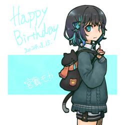 Rule 34 | 1girl, animal bag, backpack, bag, black hair, blue background, blue eyes, blue hair, blue ribbon, blue sweater, cat bag, character name, closed mouth, collared shirt, colored inner hair, cowboy shot, dated, from side, grey shorts, hair ribbon, happy birthday, highres, holding strap, kuron (uhhr2odhrppc5nw), layered clothes, long sleeves, looking to the side, miyamai moca, multicolored hair, ribbon, shirt, short hair, short shorts, shorts, shoulder strap, simple background, solo, standing, sweater, voicepeak, white background, white shirt