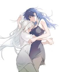 Rule 34 | 2girls, artuvia, bare shoulders, blue eyes, blue hair, byleth (female) (fire emblem), byleth (fire emblem), closed eyes, edelgard von hresvelg, fire emblem, fire emblem: three houses, hair between eyes, hair down, highres, holding another&#039;s hair, hug, leaning on person, light smile, long hair, looking down, lying, messy hair, multiple girls, nightgown, nintendo, on side, parted bangs, side-by-side, simple background, white background, white hair, yuri