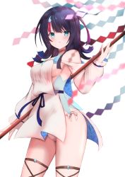 Rule 34 | 1girl, black hair, blue eyes, breasts, fate/grand order, fate/requiem, fate (series), fundoshi, highres, holding, holding staff, japanese clothes, looking at viewer, medium breasts, multicolored hair, red hair, seigaiha, shibakame, short hair, sideboob, solo, staff, streaked hair, utsumi erice