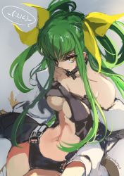 Rule 34 | 1girl, breasts, c.c., cleavage, code geass, cosplay, creayus, detached sleeves, dizzy (guilty gear), dizzy (guilty gear) (cosplay), gradient background, green hair, grey background, guilty gear, hair ribbon, long hair, looking at viewer, midriff, ribbon, simple background, solo, twitter username, unfinished, yellow eyes, yellow ribbon