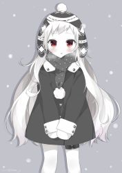 Rule 34 | 10s, 1girl, abyssal ship, alternate costume, artist name, blush, breath, coat, colored skin, hat, kantai collection, long hair, looking at viewer, masuishi kinoto, mittens, northern ocean princess, red eyes, revision, scarf, shima (shima je), simple background, snowing, solo, timestamp, v arms, white hair, white skin, winter clothes, winter coat