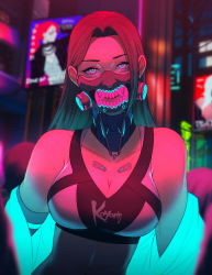 Rule 34 | 1girl, artist name, bare shoulders, breasts, city, cleavage, collarbone, commentary, cyberpunk, emily (koyorin), english commentary, glowing, highres, koyorin, long hair, looking at viewer, mask, medium breasts, midriff, multicolored eyes, original, parted bangs, smile, solo, upper body