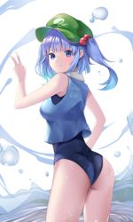 Rule 34 | 1girl, :&gt;, absurdres, ass, blue eyes, blue hair, blue vest, blunt bangs, blush, closed mouth, contrapposto, cowboy shot, female focus, green hat, hair bobbles, hair ornament, hand on own hip, hat, highres, kawashiro nitori, koizumo, looking at viewer, looking back, one-piece swimsuit, short hair, simple background, solo, standing, swimsuit, thighs, touhou, two side up, v, v-shaped eyebrows, vest, white background