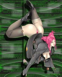 Rule 34 | 1girl, argilla, ass, boots, breasts, cleavage, digital devil saga, elbow gloves, closed eyes, fishnets, gloves, highres, jacket, large breasts, lipstick, makeup, nail polish, panties, pink hair, pole, scar, shin megami tensei, solo, thick thighs, thighs, thong, underwear