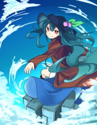 Rule 34 | &gt;:), 1girl, alternate costume, arms at sides, blue hair, blue hat, blush, closed mouth, commentary request, day, food, from side, fruit, furorina, hat, hinanawi tenshi, leaf, long hair, long sleeves, looking at viewer, outdoors, peach, red eyes, sitting, smile, solo, touhou, v-shaped eyebrows