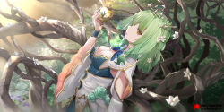 Rule 34 | 1girl, antlers, apple, blue dress, branch, breasts, ceres fauna, dress, flower, food, from side, fruit, green flower, green hair, green nails, green rose, hand up, holding, holding food, holding fruit, hololive, hololive english, horns, large breasts, long hair, mujinbensin, nail polish, parted lips, rose, solo, virtual youtuber, wide sleeves, yellow eyes