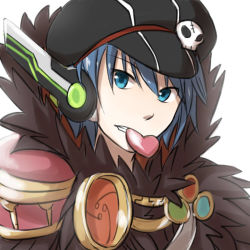 Rule 34 | 1boy, black hat, blue eyes, blue hair, cabbie hat, clenched teeth, commentary request, fur collar, hat, hat ornament, heart, heart in mouth, looking at viewer, male focus, natsuya (kuttuki), ragnarok online, robot ears, short hair, skull hat ornament, solo, sorcerer (ragnarok online), teeth, upper body