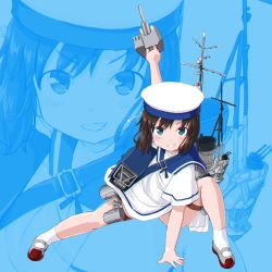 Rule 34 | 1girl, arm up, bad id, bad pixiv id, black hair, blue background, blue eyes, cannon, daitou (kancolle), dd (ijigendd), dress, grin, hat, highres, kantai collection, looking at viewer, machinery, mast, rigging, sailor collar, sailor dress, sailor hat, shoes, short hair, short sleeves, smile, smokestack, solo, turret, uwabaki, white hat, zoom layer