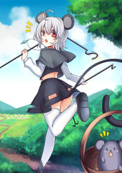 Rule 34 | 1girl, :o, ^^^, ahoge, animal ears, ass, basket, black skirt, black vest, blush, blush stickers, bush, capelet, chestnut mouth, day, dowsing rod, from behind, jewelry, koissa, leg up, long sleeves, looking at viewer, looking back, miniskirt, mouse (animal), mouse ears, mouse tail, nazrin, no panties, pendant, rice paddy, silver hair, skirt, skirt set, solo, tail, thighhighs, touhou, vest, white thighhighs