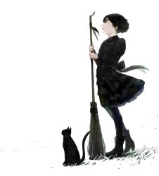 Rule 34 | 1girl, black cat, black eyes, black hair, black pantyhose, boots, bow, broom, cat, dress, earrings, gothic lolita, grass, high heel boots, high heels, highres, jewelry, kuro (nimirom), lips, lolita fashion, looking up, nimirom (6403aghm), open mouth, original, pantyhose, petticoat, profile, short hair, simple background, solo, stud earrings, white background, wind, witch