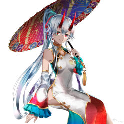 Rule 34 | 1girl, breasts, china dress, chinese clothes, commentary request, detached sleeves, dress, fate/grand order, fate (series), frilled sleeves, frills, heroic spirit traveling outfit, horns, long hair, looking at viewer, medium breasts, oil-paper umbrella, oni horns, ponytail, red eyes, side slit, sidelocks, silver hair, simple background, sitting, smile, solo, tomoe (symbol), tomoe gozen (fate), tomoe gozen (traveling outfit) (fate), tsujieiri, umbrella, very long hair, white background, wide sleeves