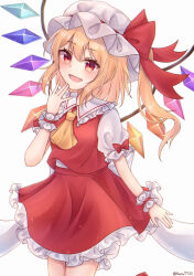 Rule 34 | 1girl, ascot, back bow, blonde hair, bow, breasts, collared shirt, cowboy shot, crystal, fang, flandre scarlet, frilled shirt collar, frilled skirt, frilled sleeves, frills, hair between eyes, hand to own mouth, hat, hat bow, hat ribbon, head tilt, highres, large bow, light smile, long hair, looking at viewer, mob cap, multicolored wings, one side up, open mouth, puffy short sleeves, puffy sleeves, red bow, red eyes, red ribbon, red skirt, red vest, ribbon, runa (runa7733), shirt, short sleeves, simple background, skirt, skirt set, sleeve bow, small breasts, solo, touhou, vest, white background, white bow, white hat, white shirt, wings, wrist cuffs, yellow ascot
