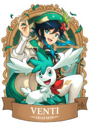Rule 34 | 1boy, :d, banner, black hair, blue eyes, braid, cape, capelet, character name, commentary, creatures (company), crossover, english commentary, flower, game freak, gen 4 pokemon, genshin impact, gradient hair, hair between eyes, harp, hat, hat flower, instrument, legendary pokemon, long sleeves, looking at viewer, multicolored hair, mythical pokemon, nintendo, open mouth, pokemon, pokemon (creature), ry-spirit, shaymin, short hair, sidelocks, smile, twin braids, venti (genshin impact)