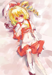 Rule 34 | 1girl, blonde hair, bow, bow panties, female focus, flandre scarlet, lace, lace-trimmed panties, lace trim, navel, nokishita, panties, pink panties, red eyes, solo, striped clothes, striped panties, touhou, underwear