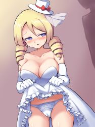 Rule 34 | 100 percent orange juice, 1girl, artist request, blonde hair, blue eyes, blush, breasts, cameltoe, cleavage, clothes lift, dress, dress lift, fernet (orange juice), flying red barrel, hat, highres, lifting own clothes, long hair, mini hat, panties, solo, sweatdrop, underwear, white dress, white panties