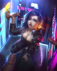 Rule 34 | 1girl, asymmetrical hair, barcode, barcode tattoo, black hair, breasts, brown eyes, cleavage, cyberpunk (series), cyberpunk 2077, cyborg, dark penis, dark skin, disembodied penis, erection, gatery, glory hole, glory wall, hair over shoulder, handjob, hologram, jacket, joints, large breasts, leather, leather jacket, leather pants, lips, multiple penises, neon lights, neon trim, pants, penis, precum, robot joints, saliva, solo focus, strapless, tattoo, testicles, through wall, tongue, tongue out, tube top, uncensored, undercut, v (cyberpunk), v (female)