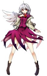 Rule 34 | 1girl, absurdres, angel wings, baba (baba seimaijo), boots, dress, full body, highres, jacket, kishin sagume, legs, long sleeves, open clothes, open jacket, parody, purple dress, red eyes, silver hair, single wing, solo, style parody, touhou, transparent background, wings
