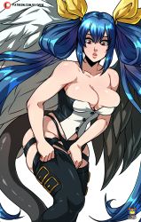 Rule 34 | 1girl, absurdres, angel wings, asymmetrical wings, bare shoulders, black panties, blue hair, breasts, buttons, cleavage, collarbone, commentary, dizzy (guilty gear), english commentary, guilty gear, guilty gear xrd, hair between eyes, hair rings, highres, kyoffie, large breasts, lips, panties, patreon username, pulling own clothes, red eyes, ribbon, signature, simple background, skindentation, solo, thick thighs, thigh strap, thighhighs, thighs, twintails, underwear, white background, wings, yellow ribbon