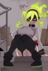 Rule 34 | 1girl, black footwear, black mask, black thighhighs, boku no hero academia, boots, box, breasts, burnin (boku no hero academia), buttons, cardboard box, domino mask, fire extinguisher, flame-tipped tail, green hair, grin, hair between eyes, highres, large breasts, long sleeves, looking at viewer, mask, orange eyes, panties, partially visible vulva, rail a, sitting, smile, solo, stairs, thighhighs, underwear, white panties