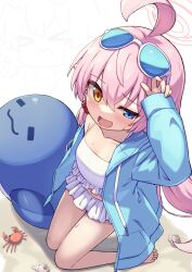 Rule 34 | 1girl, :3, ahoge, bikini, blue-tinted eyewear, blue archive, blue eyes, blue jacket, commentary request, crab, eyewear on head, full body, hair between eyes, hair bobbles, hair ornament, halo, heterochromia, highres, hiyaya (kochi michikaze), hoshino (blue archive), hoshino (swimsuit) (blue archive), inflatable toy, inflatable whale, jacket, long hair, long sleeves, looking at viewer, low twintails, midriff, navel, official alternate costume, official alternate hairstyle, outdoors, pink hair, pink halo, seiza, shell, sidelocks, simple background, sitting, sleeveless, solo, sunglasses, swimsuit, tinted eyewear, twintails, white background, white bikini, yellow eyes