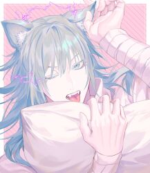Rule 34 | 1boy, anasa3, animal ear fluff, animal ears, bandaged arm, bandages, blue eyes, colored eyelashes, electricity, facial mark, fangs, hand on own ear, hand up, highres, holding, holding pillow, jujutsu kaisen, kashimo hajime, male focus, medium hair, one eye closed, pillow, portrait, purple lightning, solo, striped background, tongue, tongue out