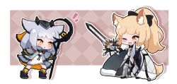 Rule 34 | 2girls, ;d, animal ear fluff, animal ears, argyle, argyle background, argyle clothes, arknights, armor, armored boots, black bow, black cloak, black footwear, black headwear, blemishine (arknights), blonde hair, blush, boots, bow, brown eyes, chibi, cloak, commission, dress, fur-trimmed cloak, fur trim, grey hair, grey jacket, hair bow, hat, high ponytail, highres, holding, holding staff, holding sword, holding weapon, horse ears, horse girl, horse tail, jacket, kneehighs, kurotofu, long hair, mini hat, multiple girls, notice lines, one eye closed, open clothes, open jacket, open mouth, orange eyes, ponytail, ptilopsis (arknights), smile, socks, staff, standing, star (symbol), sword, tail, weapon, white dress, yellow socks