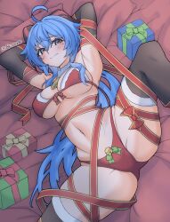 Rule 34 | 1girl, absurdres, ahoge, akazuan 19, alternate costume, armpits, arms up, bell, bikini, black gloves, black thighhighs, blue hair, blush, box, breasts, cleavage, closed mouth, commentary, elbow gloves, embarrassed, english commentary, entangled, feet out of frame, fur-trimmed bikini, fur-trimmed thighhighs, fur trim, furrowed brow, ganyu (genshin impact), genshin impact, gift, gift box, gloves, goat horns, hair between eyes, highres, horns, large breasts, light blue hair, long hair, looking at viewer, low ponytail, navel, on bed, purple eyes, red bikini, red ribbon, ribbon, sidelocks, solo, spread legs, stomach, swimsuit, tearing up, tears, thighhighs, twitter username, underboob
