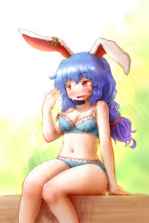 Rule 34 | 1girl, animal ears, arinu, bare arms, bare legs, blue hair, blush, bra, breasts, cleavage, commentary request, earclip, highres, lace, lace-trimmed bra, lace-trimmed panties, lace trim, long hair, medium breasts, navel, panties, rabbit ears, red eyes, seiran (touhou), sitting, solo, strap slip, sweat, touhou, underwear, underwear only